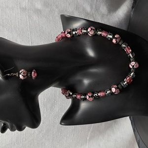 Hand Crafted Lamp Work Bead Necklace and Earring Set Pink Black White Essential